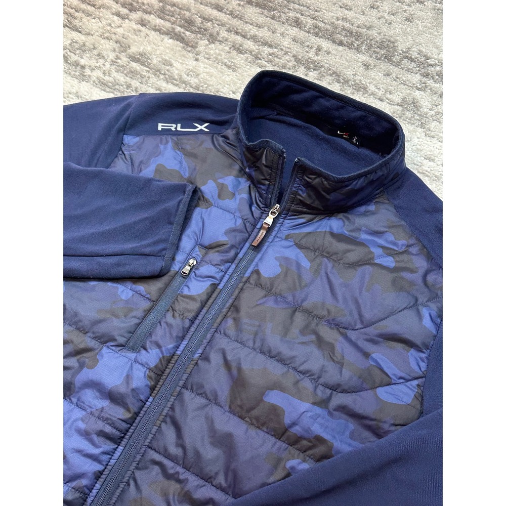 RLX Ralph Lauren Jacket Mens L Blue Camo Quilted Hybrid Full Zip Wool Golf